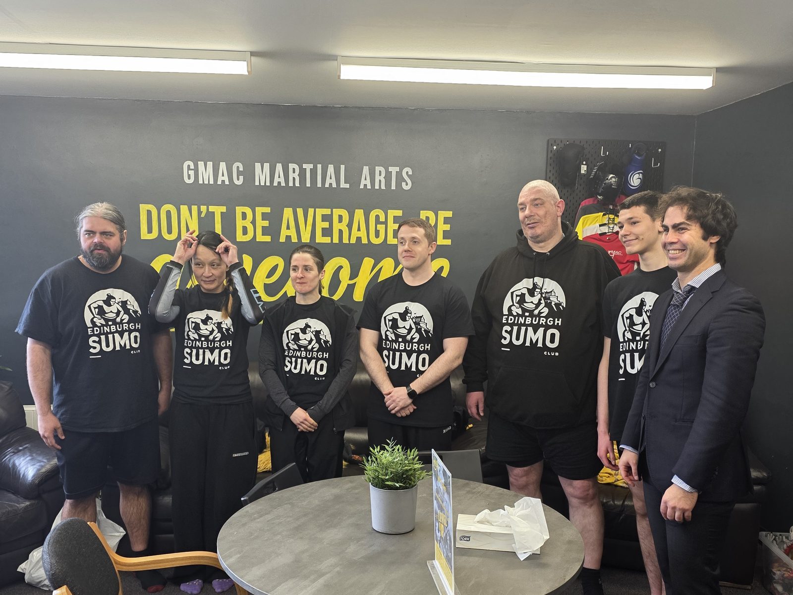 Members of Edinburgh Sumo Club in club t-shirts at GMAC Martial Arts.